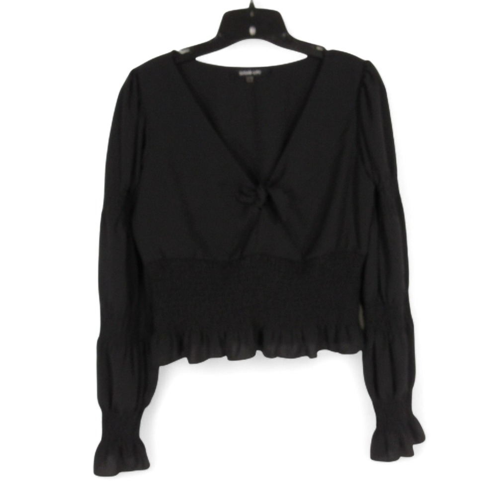 SUGAR LIPS Black SATIN Tie Bust SMOCKED WAIST & SLEEVES Ruffle Trim BLOUSE/TOP M